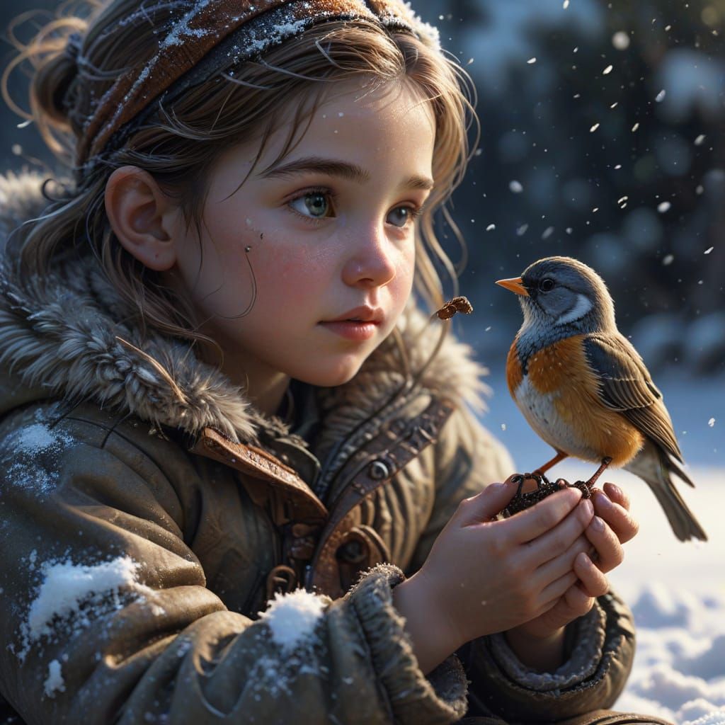 Girl in Snow Feeds Baby Bird with Worm