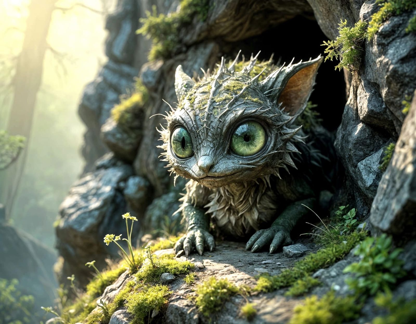 Living Stone Elf Peeks from Behind Rocky Cliff in Whimsical...