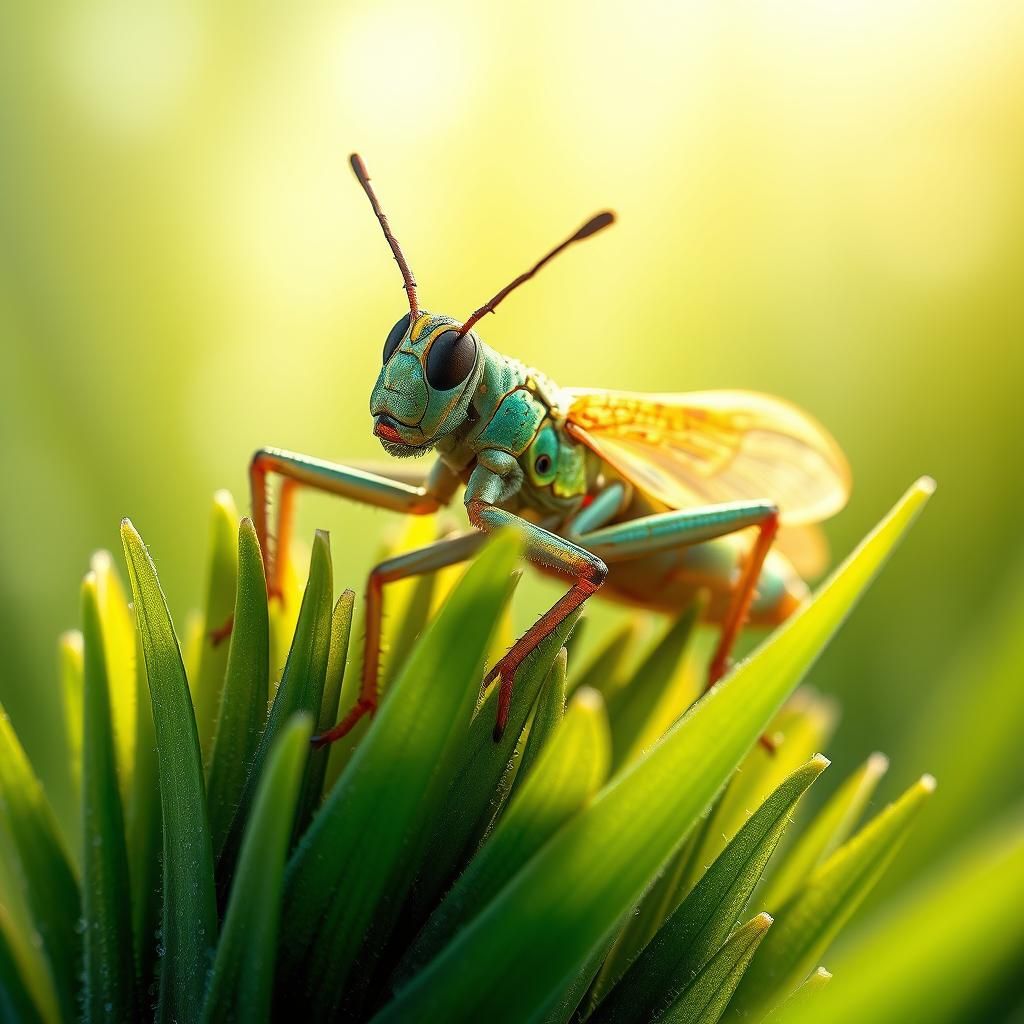 Hyperrealistic Grasshopper on Dewy Grass in Digital Painting