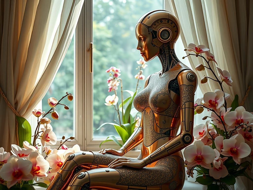 Steampunk Cyborg Goddess in Copper and Brass with Delicate L...