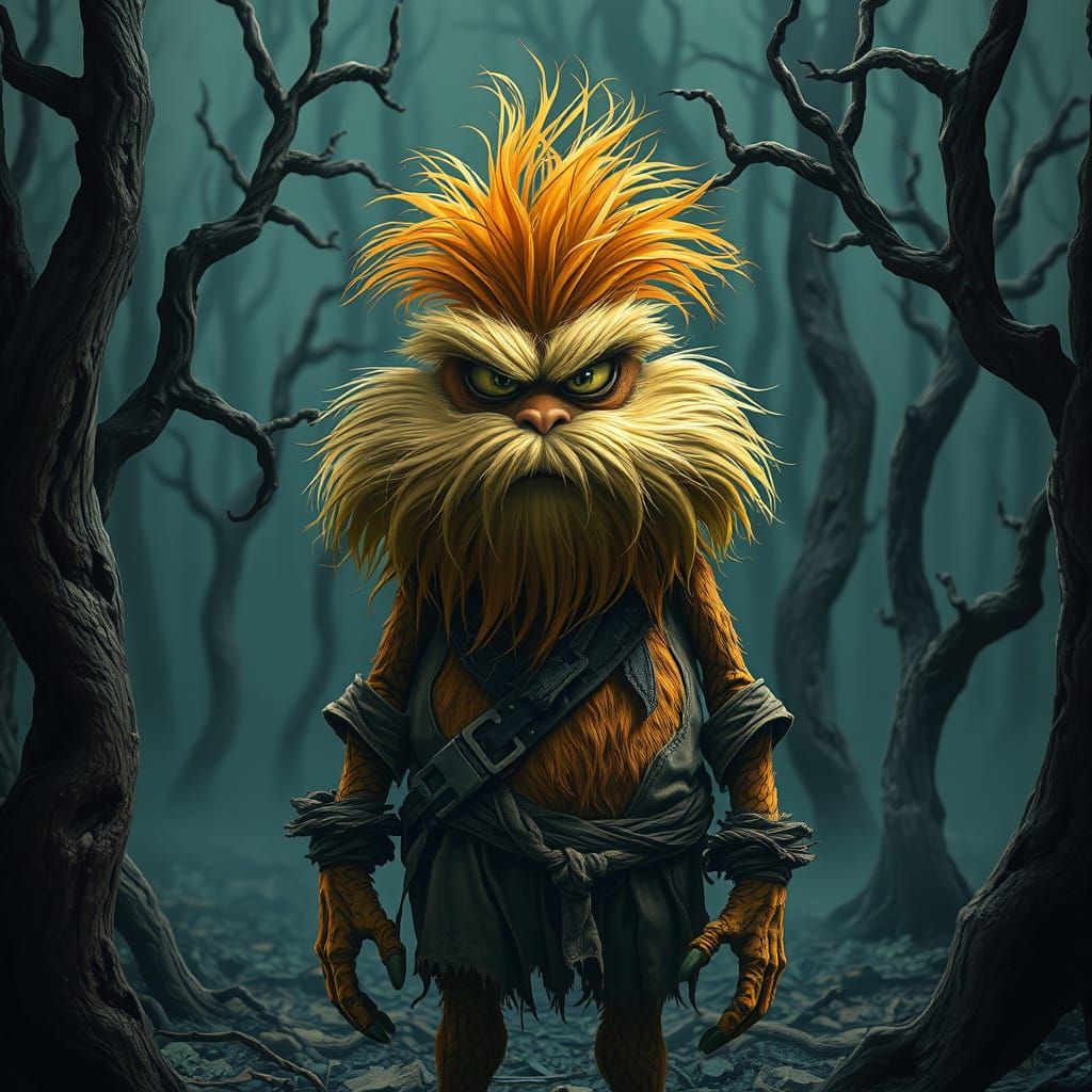 Menacing Lorax in Dark Forest, Surreal Art Style