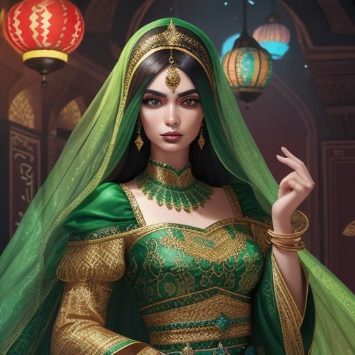 Tunisian Girl in Traditional Dress: Vibrant Oil Painting