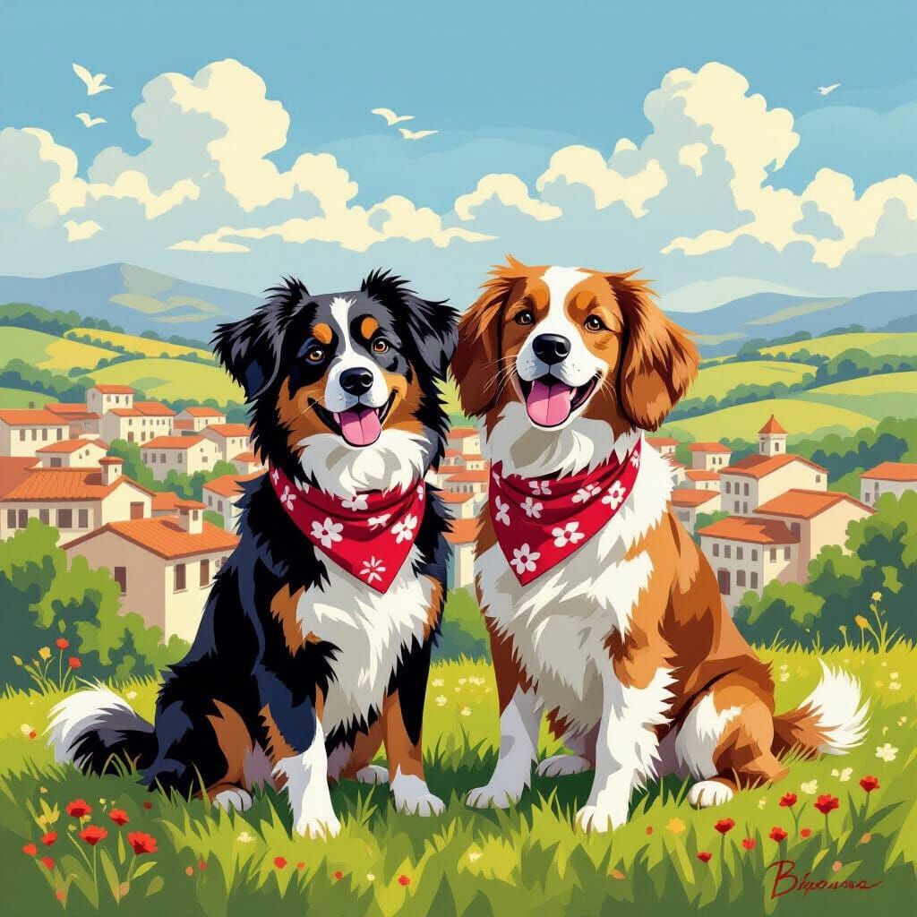 Dogs Overlook Town in Style of David Hockney