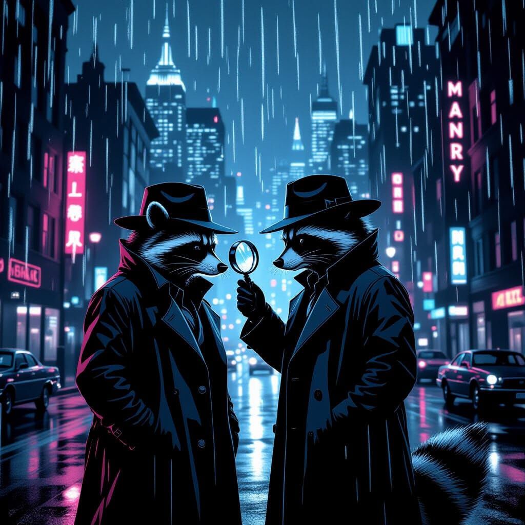 Noir Raccoon Detective in Rainy Metropolis