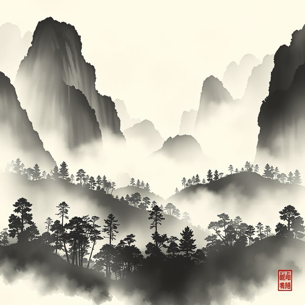 Serene Ink-Wash Landscape: Forest and Mountains
