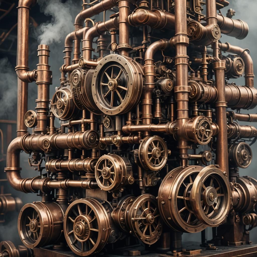Steampunk Engine Close-Up with Brass and Copper