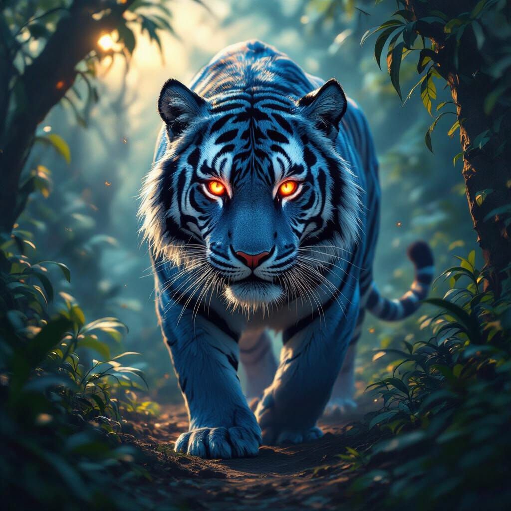 Majestic Blue Tiger With Red Eye Rays in Ethereal Jungle