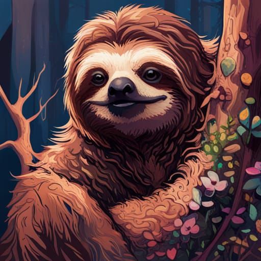 Sloth Portrait in Natural Habitat, Comic Book Style