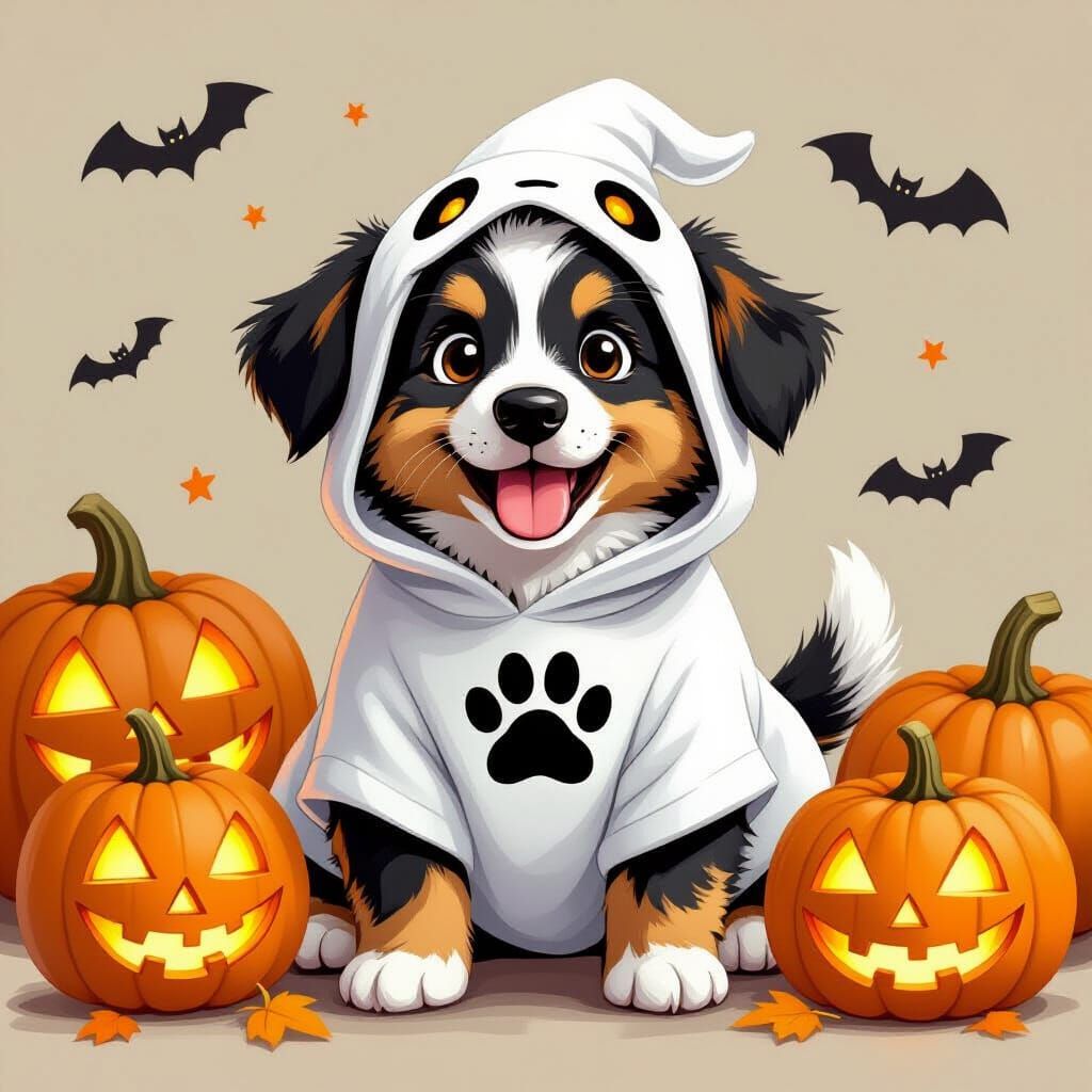 Halloween Puppy in Ghost Costume, Hand-Drawn Style