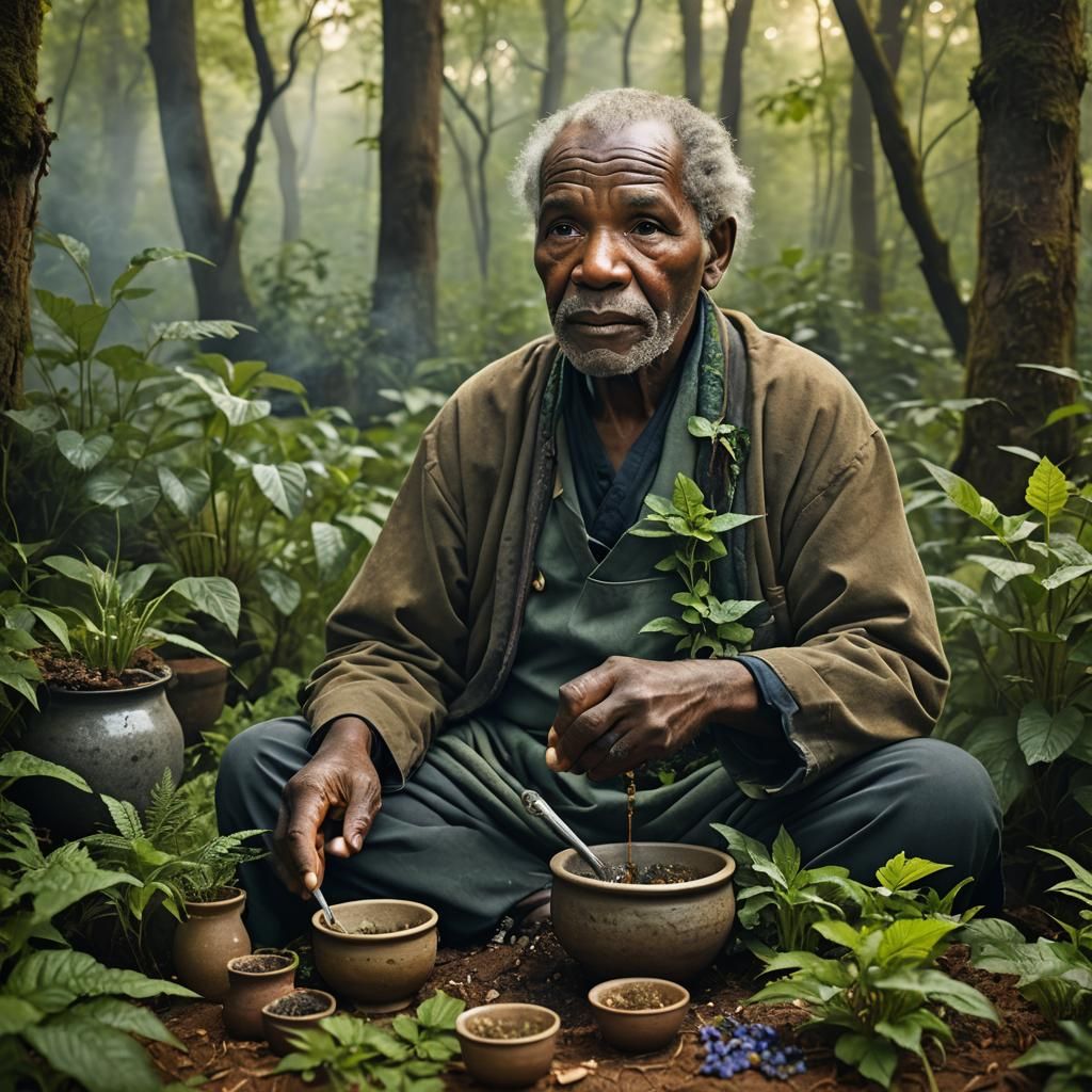 Herbalist Portrait in Forest with Glowing Plants
