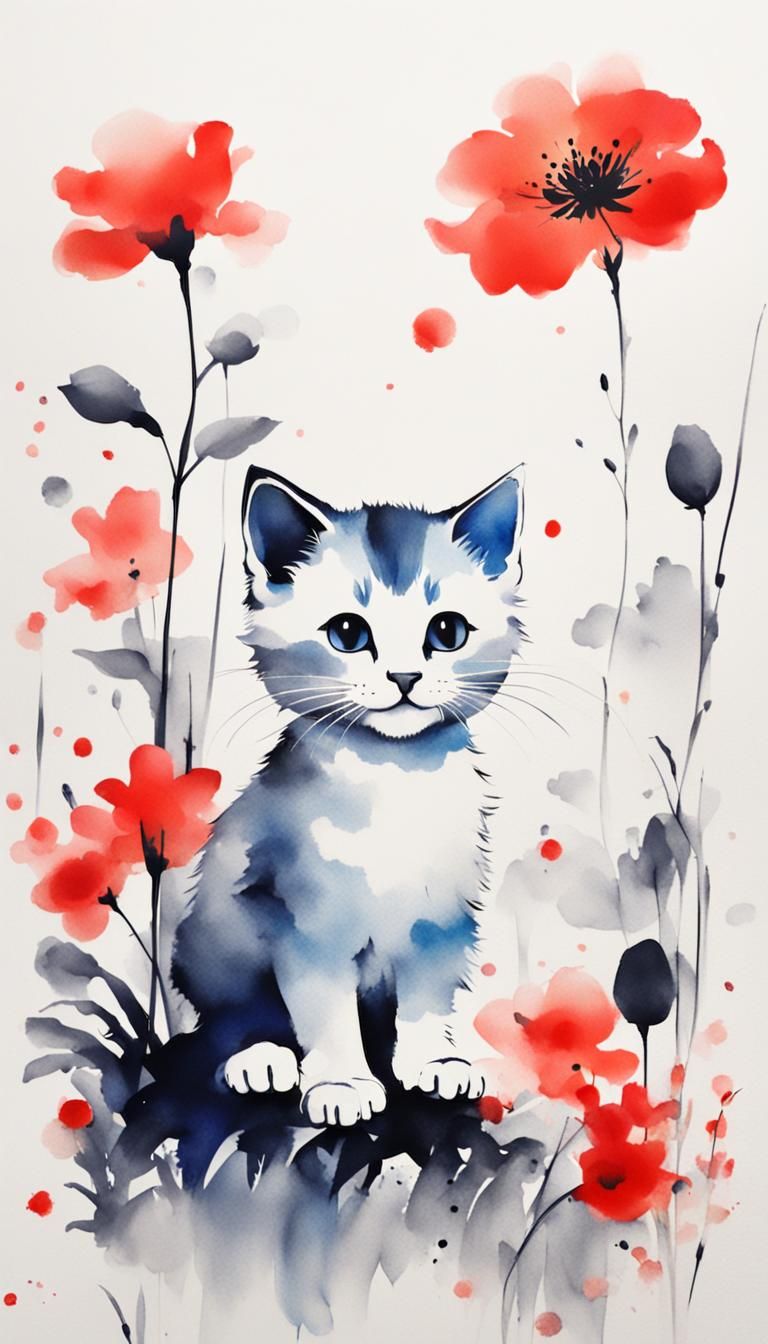 Minimalist Chinese Ink Painting of Kitten in Garden