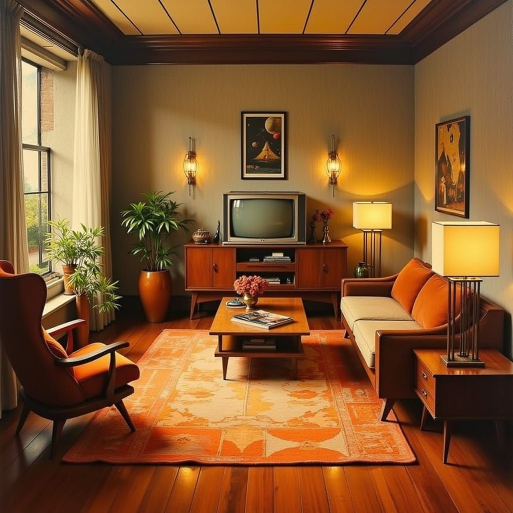 Mid-Century Modern Living Room Oil Painting