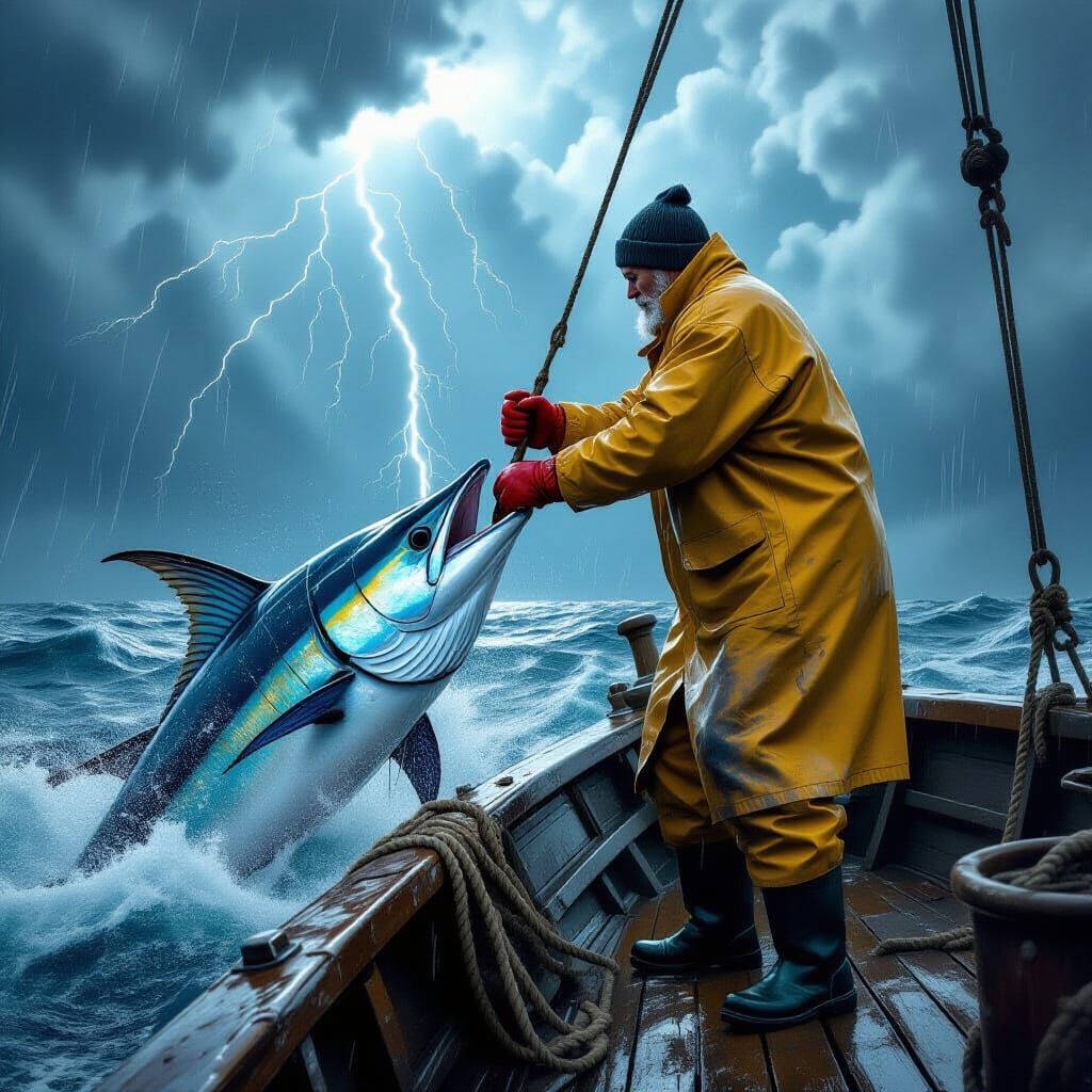 Fisherman's Battle with Marlin Under Stormy Sky