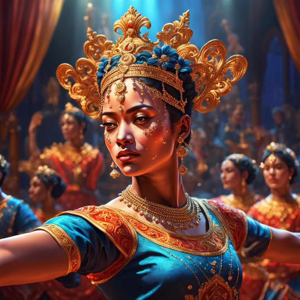 Dancer Performs for Royal Court in Hyperrealistic Splash Art