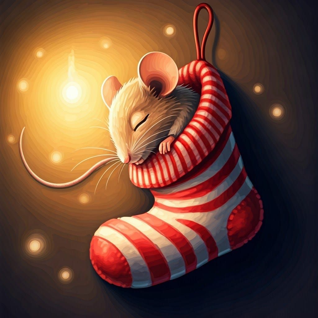 Cute mouse asleep in a Christmas stocking