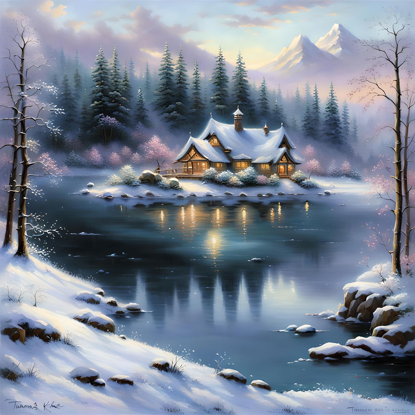 a house sitting on a crystal lake in winter zen landscape
