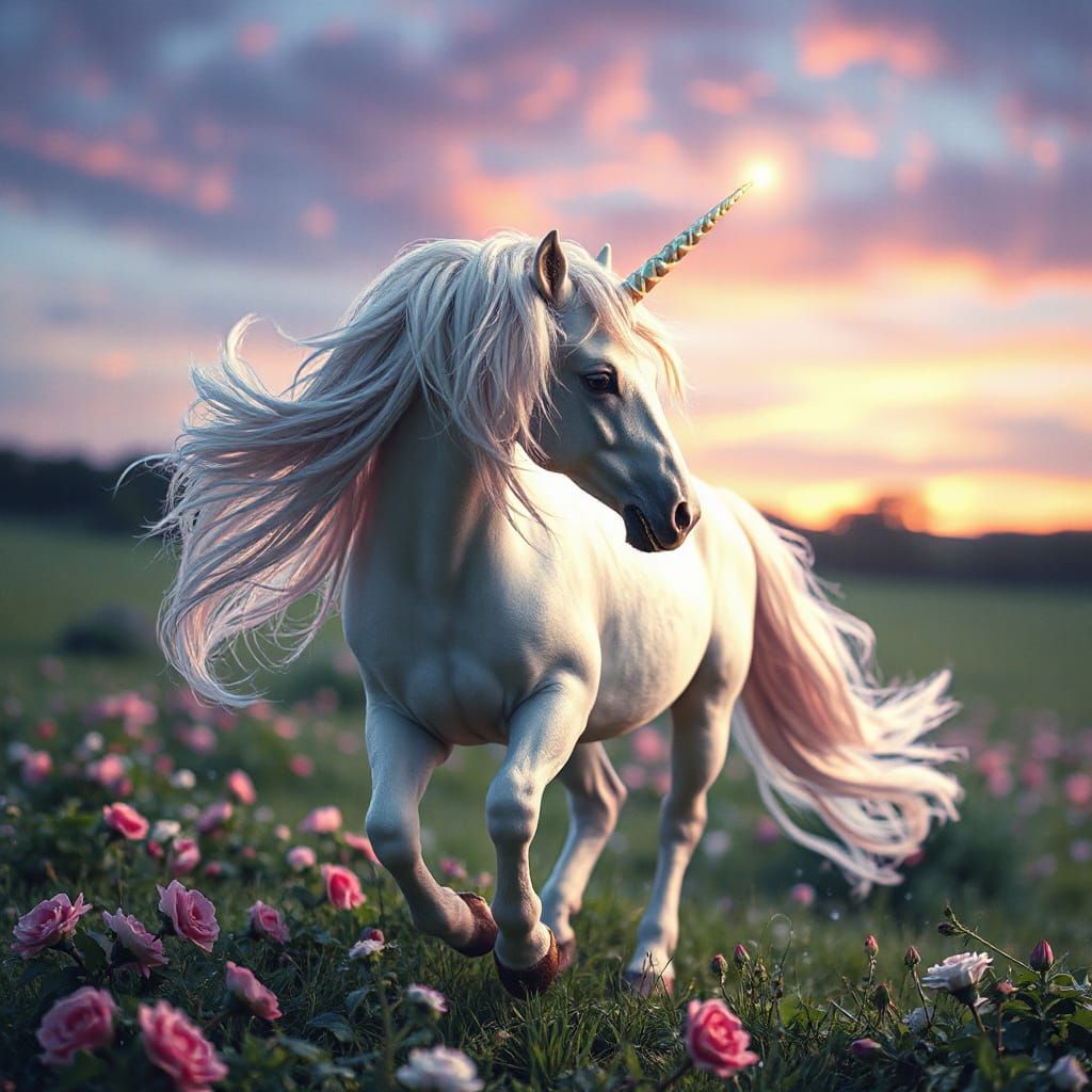 Majestic Unicorn in Dreamlike Twilight Meadow