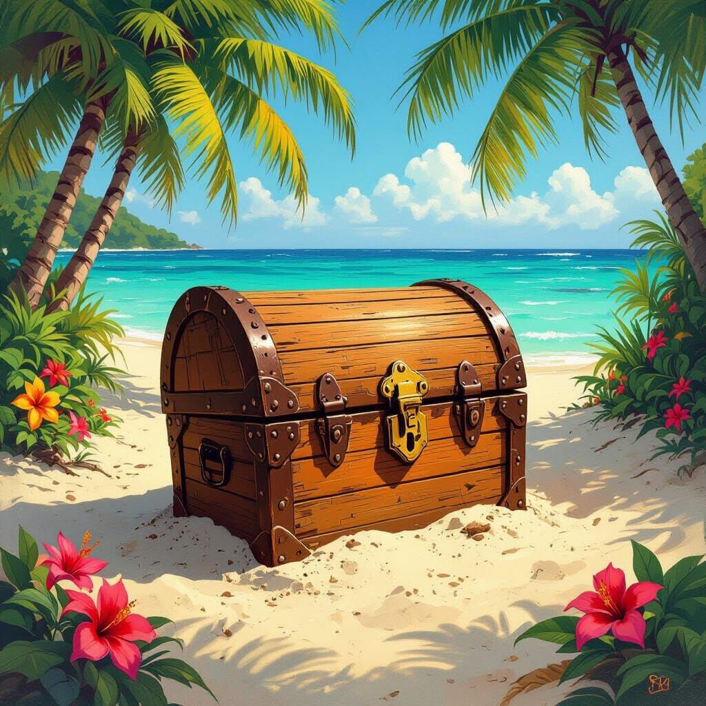 Treasure Chest on Tropical Island in Painterly Style