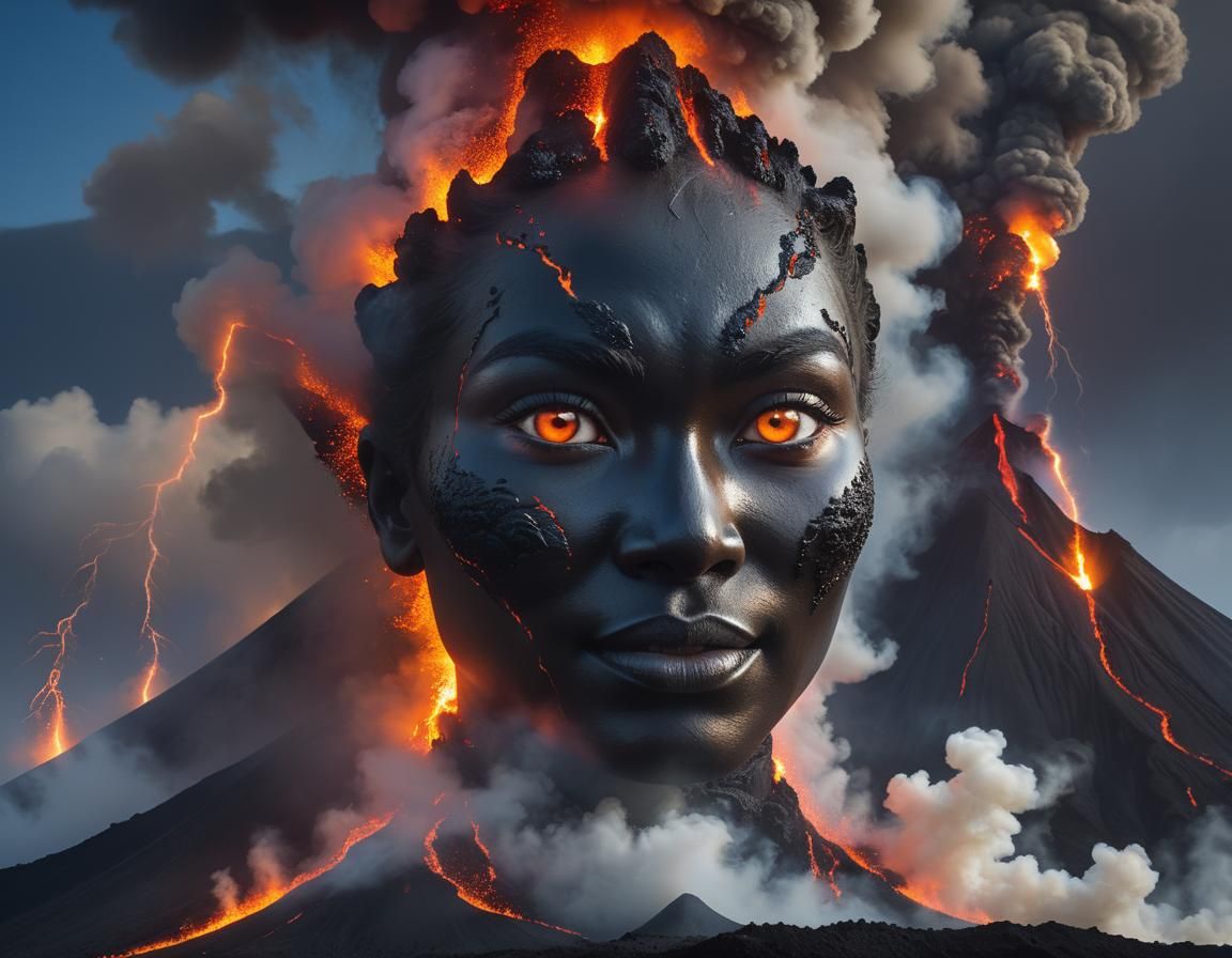 Pele: Surreal Volcano Goddess with Glowing Eyes