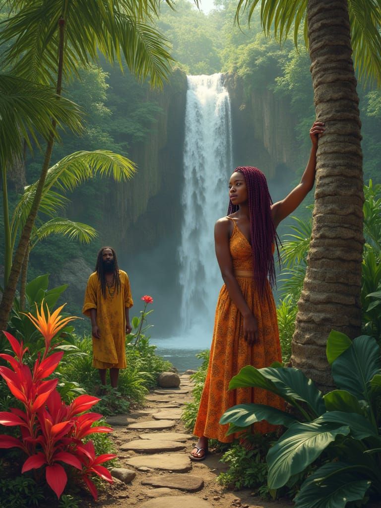 Serene Woman in Tropical Garden with Waterfall