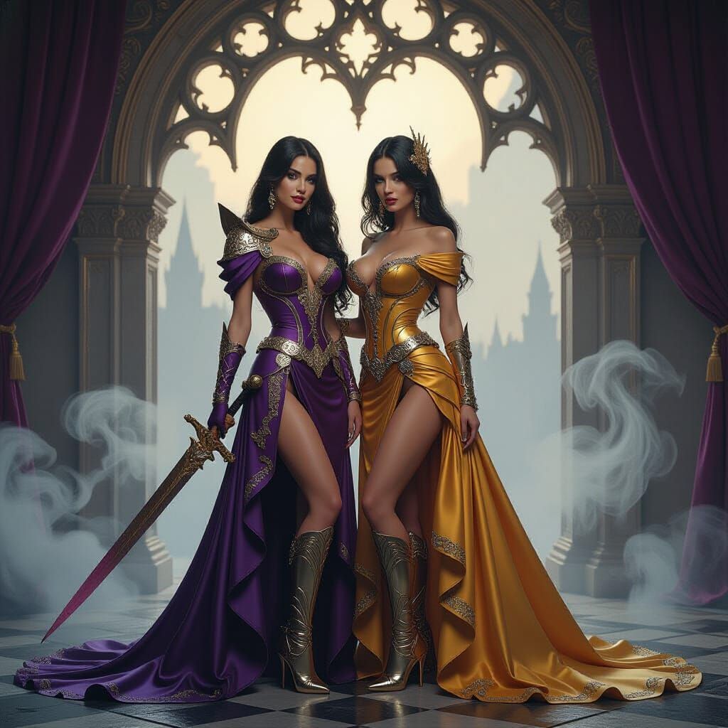 Photorealistic photoshoot of alluring women in the sensual fantasy style of Luis Royo, infused with the glossy glamour o...