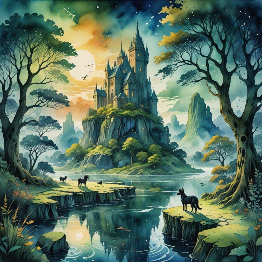 Whimsical Celtic Isle with Kelpie Creatures in Dreamlike Wat...