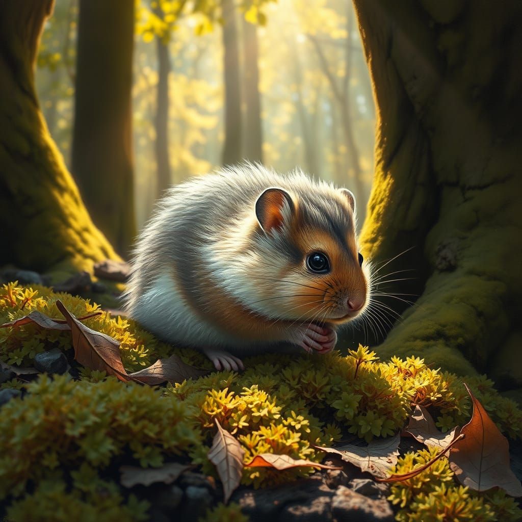 Hyperrealistic Hamster in Sunlit Ancient Forest