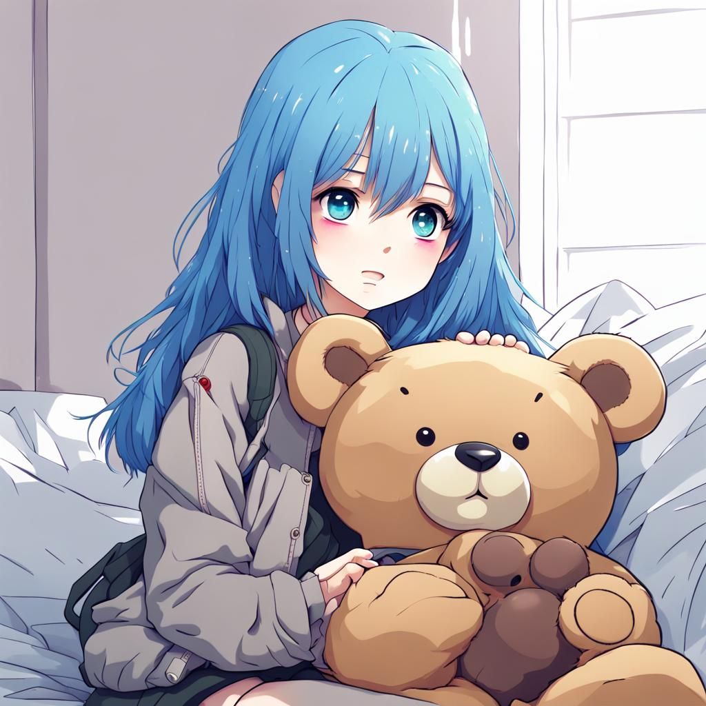 Blue-Haired Girl with Teddy Bear in Anime Style