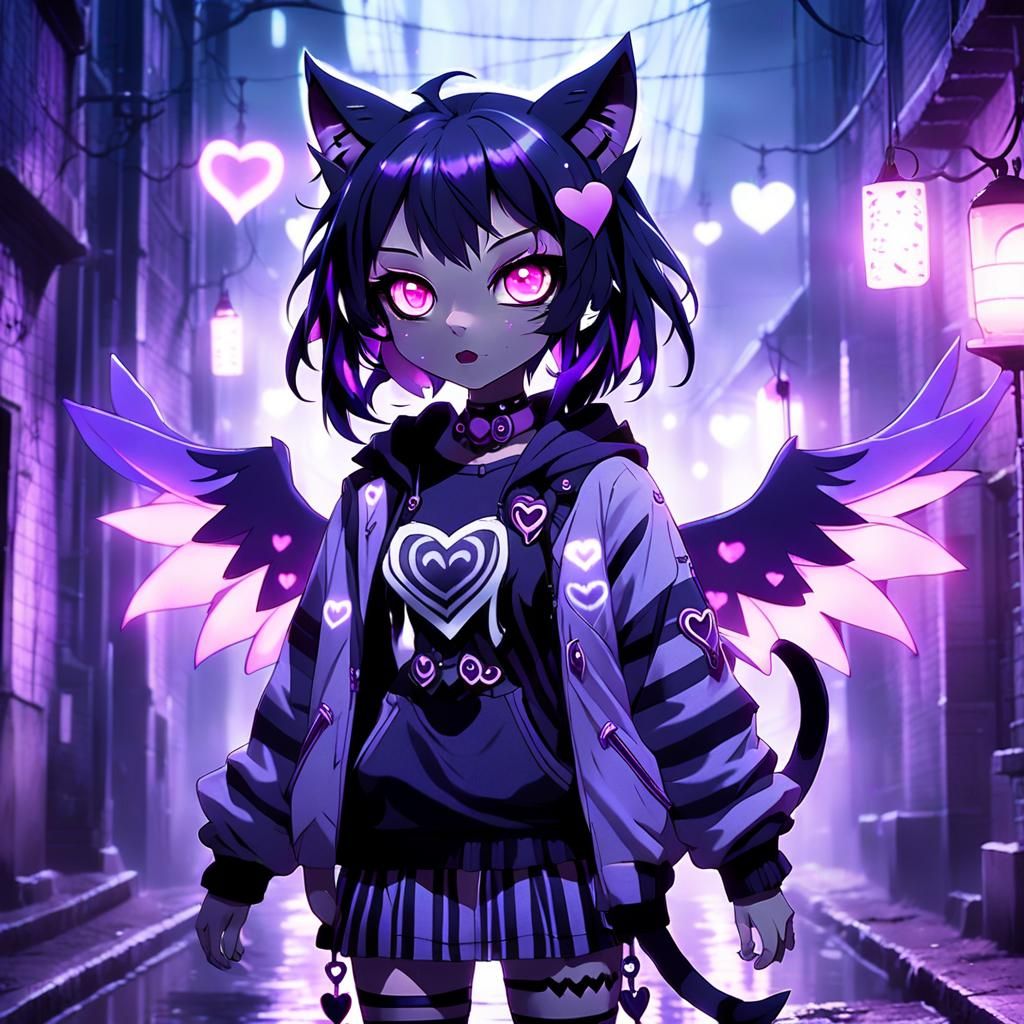Anime Cat Girl in Misty Alleyway with Purple Aura