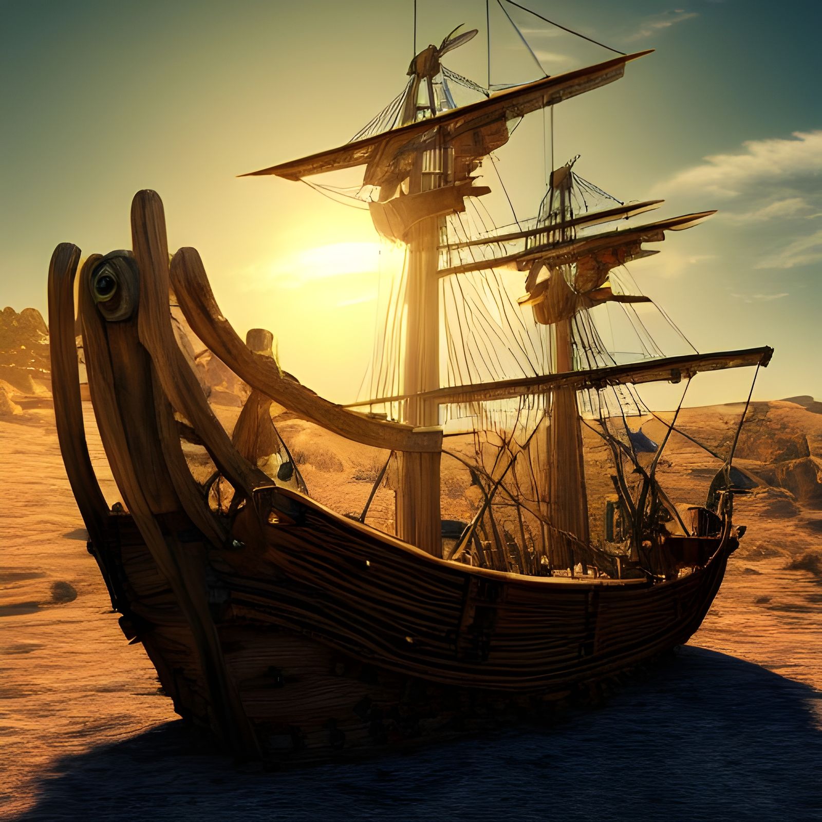 Pirate Ship Stranded in Desert: Photorealistic 4K