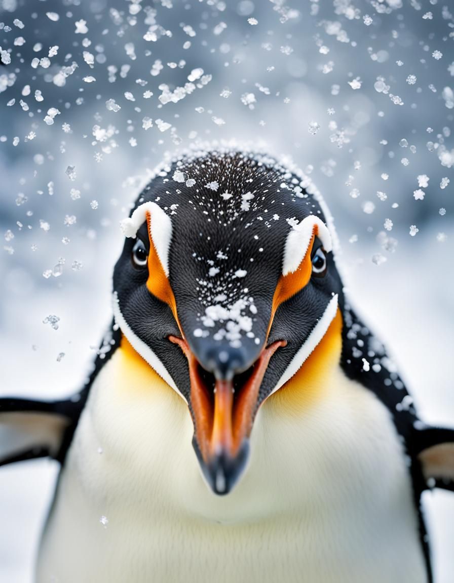 Penguin Portrait Laughing in Snow, Professional Photography