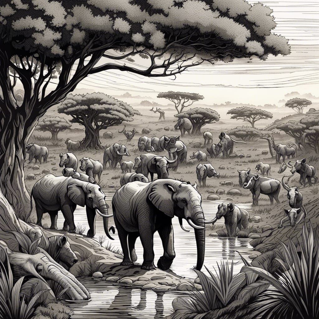 Extremely detailed black and white Ink drawing of a kenyan safari : beautiful, calm, fun : Mark Brooks and Dan Mumford, ...