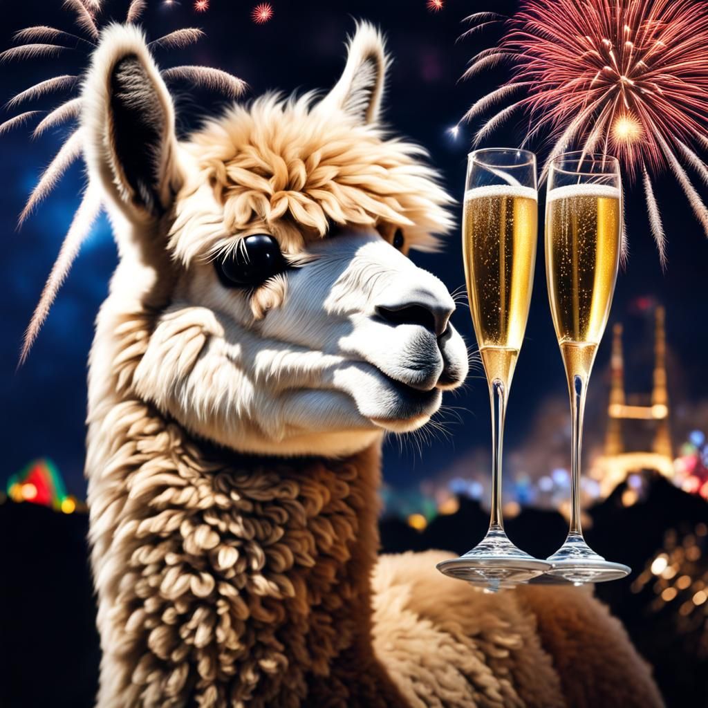 Alpaca Celebrates New Year with Champagne and Fireworks