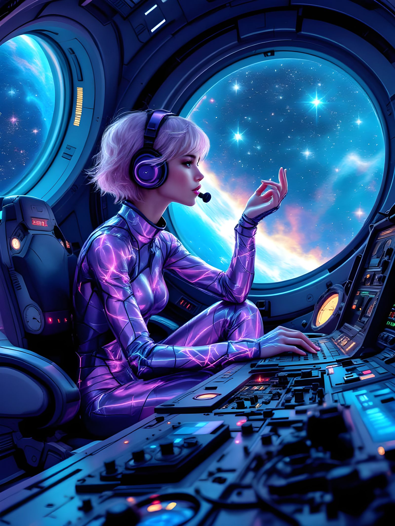 Futuristic Space Station Controller in Iridescent Jumpsuit