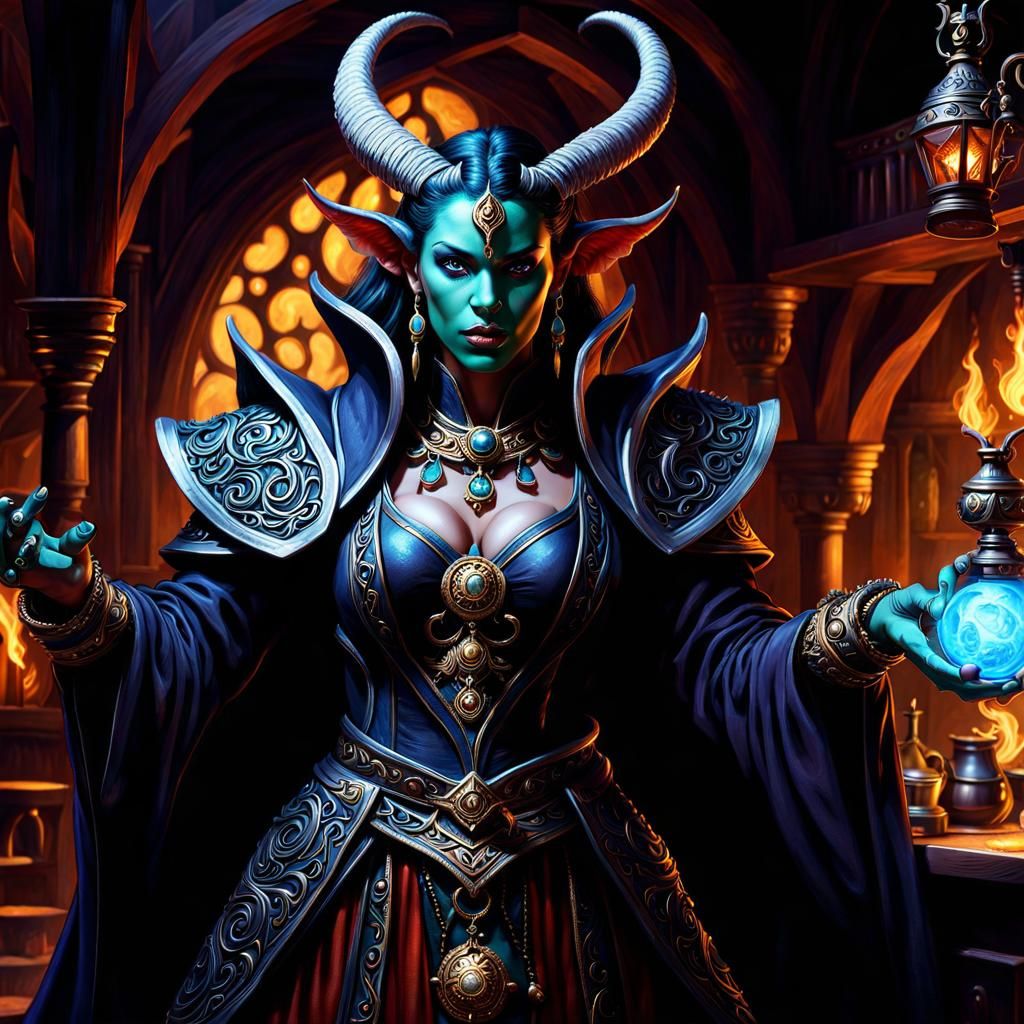 Tiefling Sorceress Conjuring Vaporous Spheres in Tavern