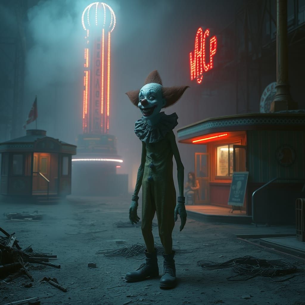 Creepy Clown Laughing in Abandoned Amusement Park