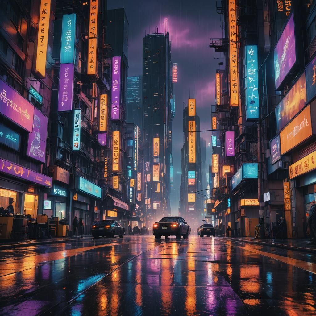 Cyberpunk Cityscape at Night in the Rain