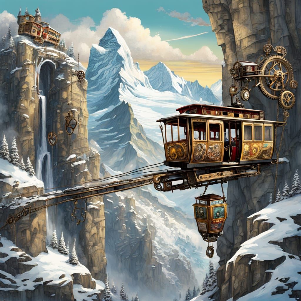 Steampunk Cable Car Climbs Swiss Alps Waterfall