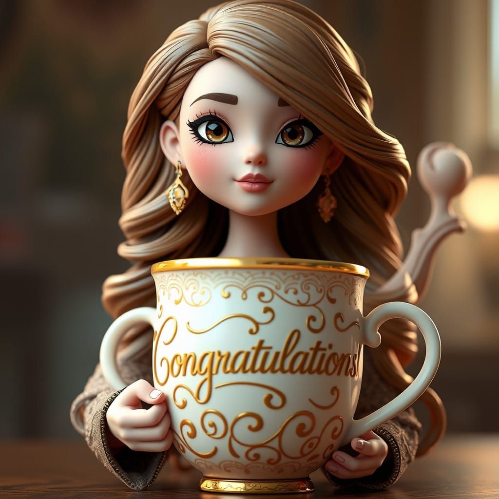 Elegant Female Figure with Golden Mug in Whimsical Art