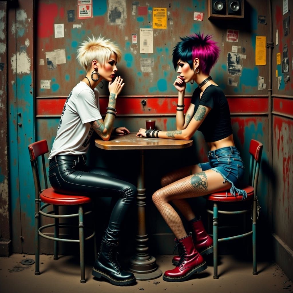 Two Young Women in Sleazy Cafe, Punk Style