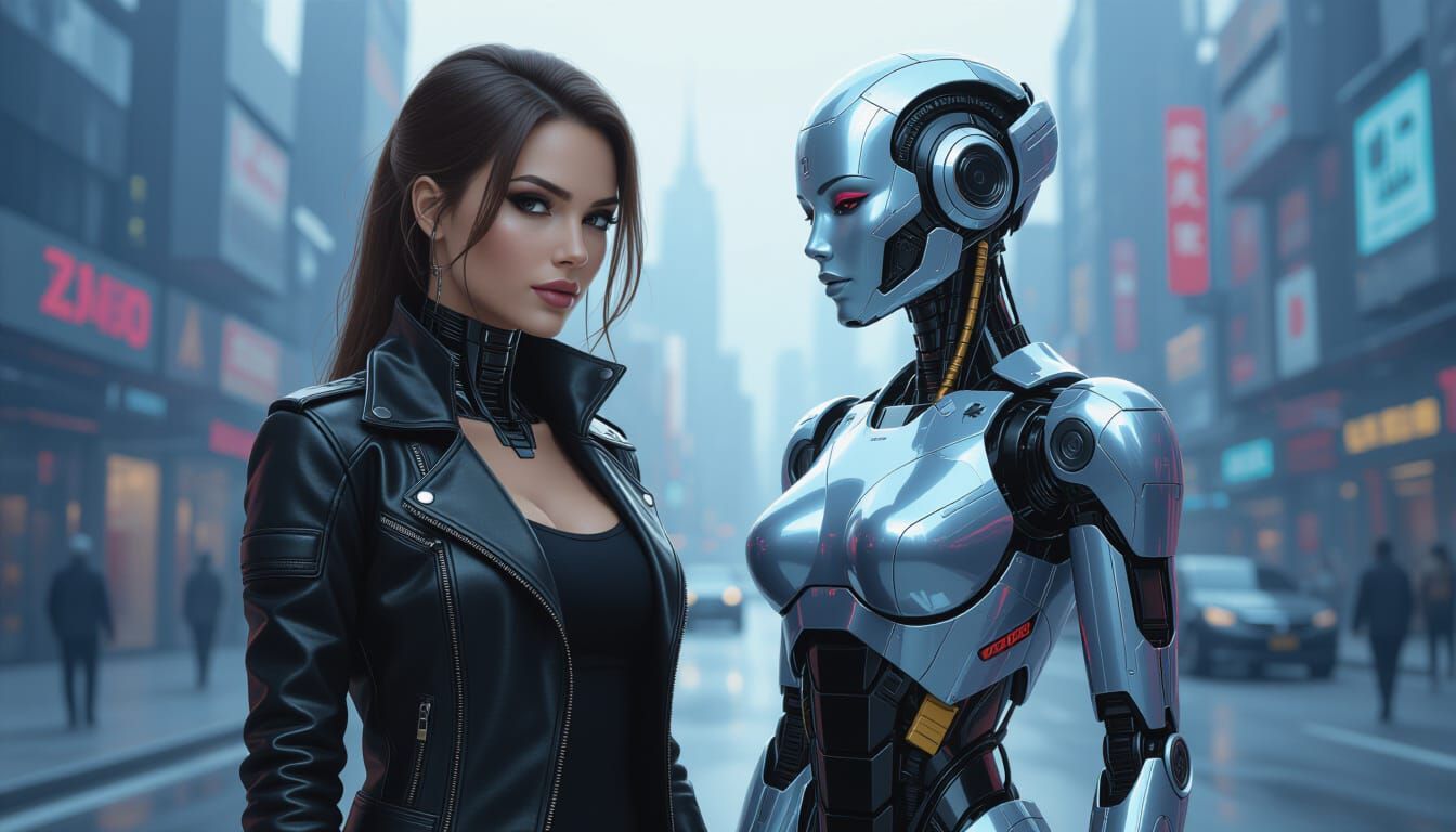 Futuristic Cyborg and Robot Women in Cityscape