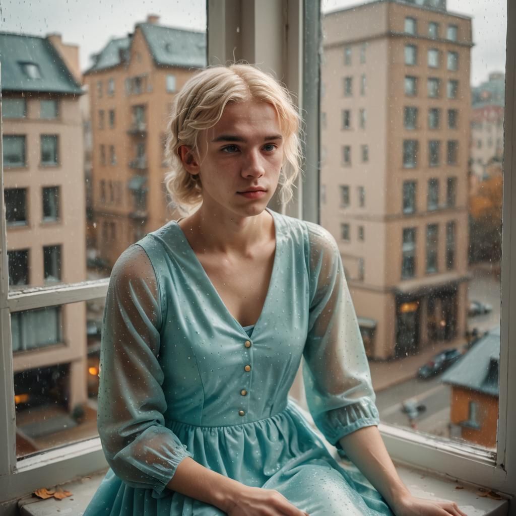 Soft Focus Portrait: Boy in Cyan Dress by Window