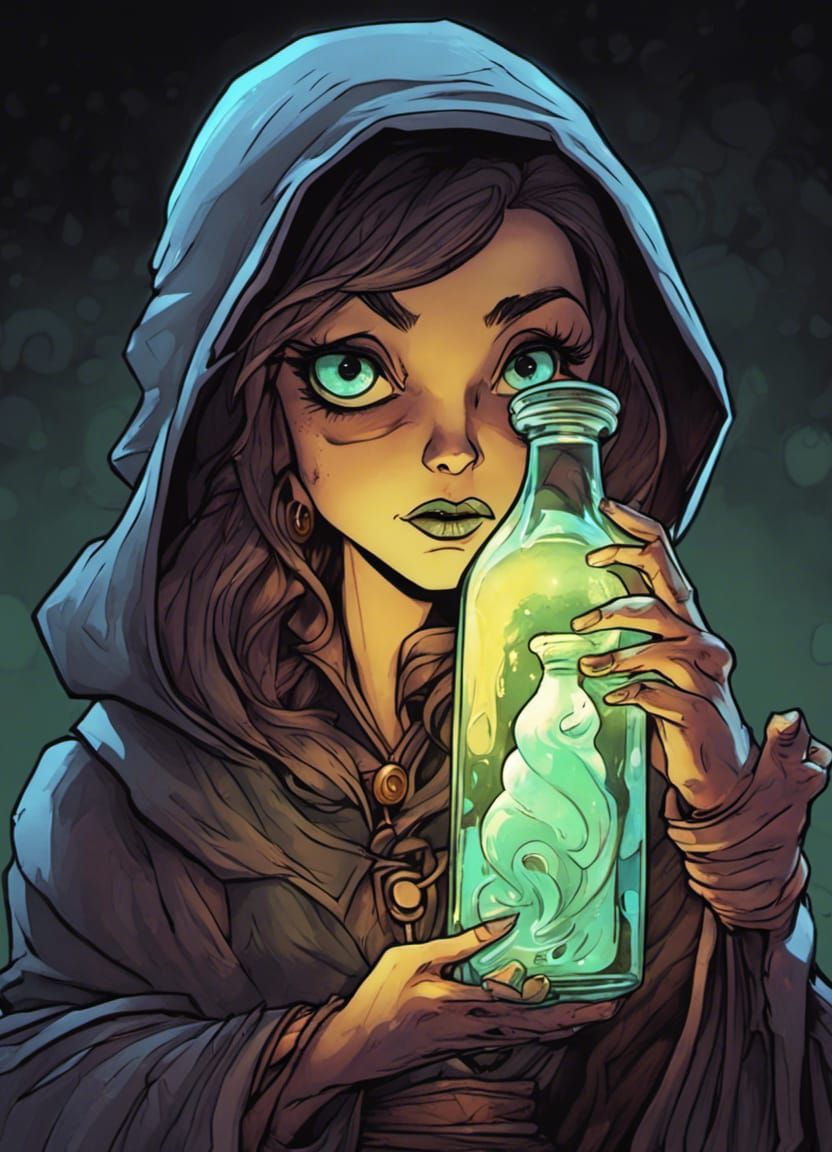Female Wizard with Glowing Bottle in Cel-Shading