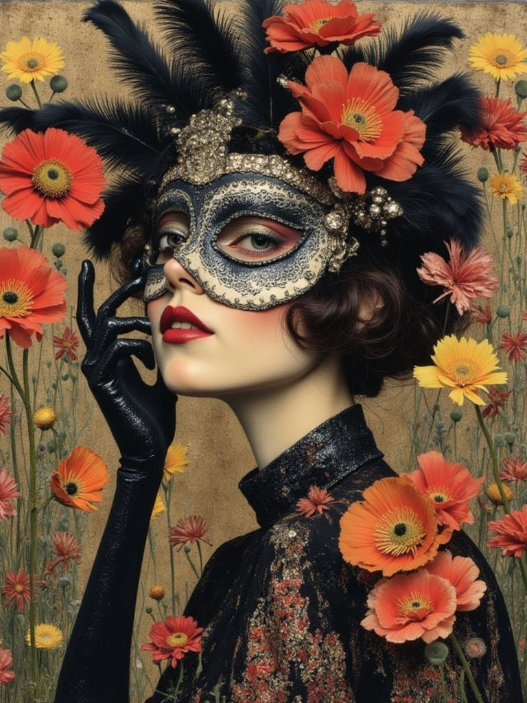 Bohemian Carnival Masks with Floral Elements and Psychedelic...