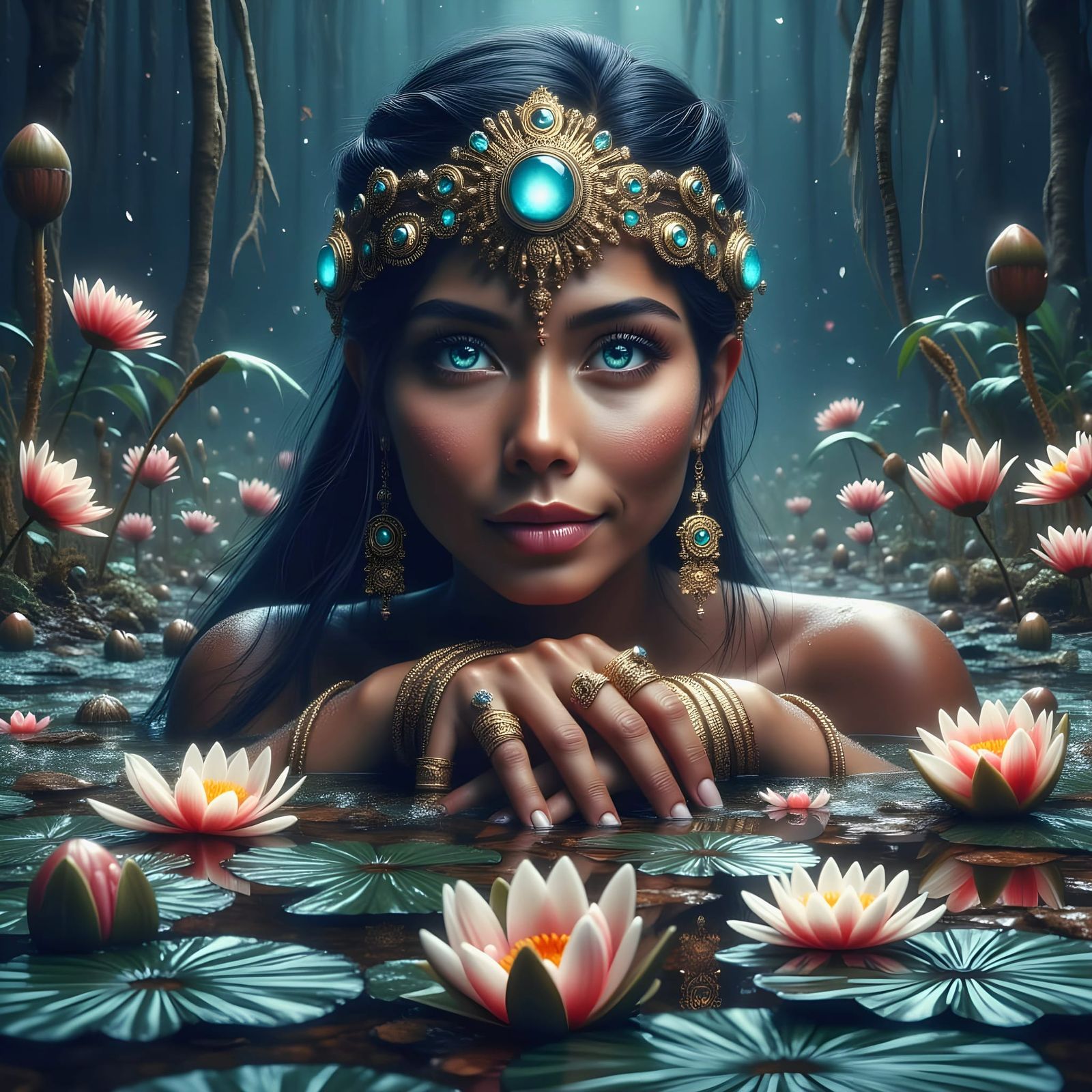 Turquoise Aztec Warrior in Hyperrealistic Cosmic Reflection