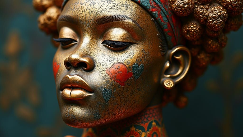 Ornate Brass Ooni Head Sculpture in Afro-Surrealist Style