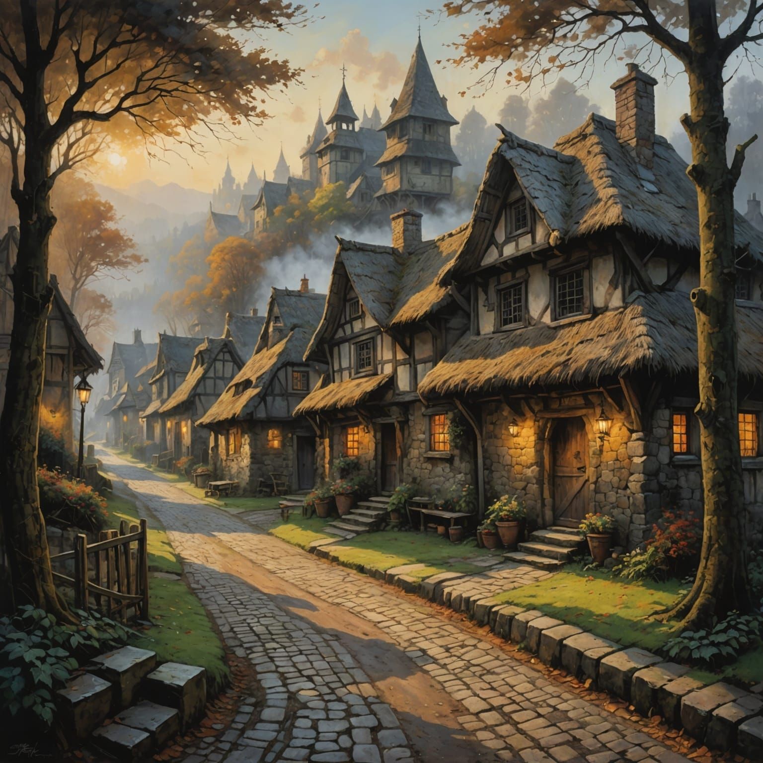 Rustic Village Houses in Acrylic Painting Style