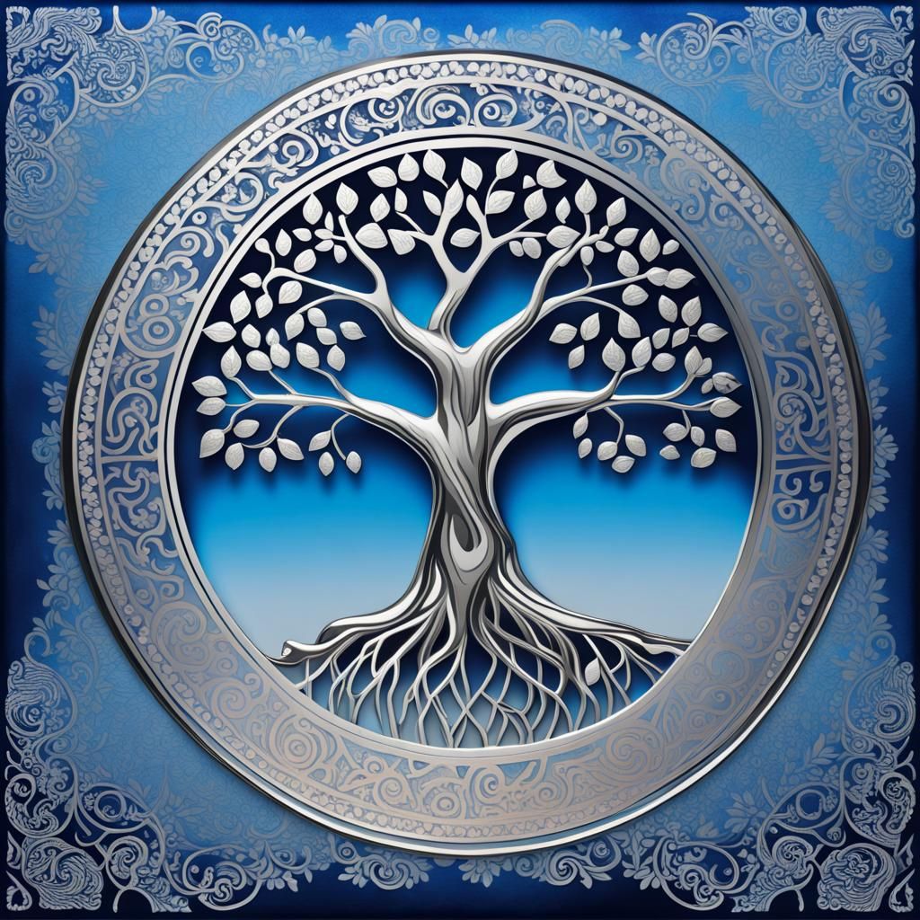 Silver Tree of Life on Blue Ombre Background