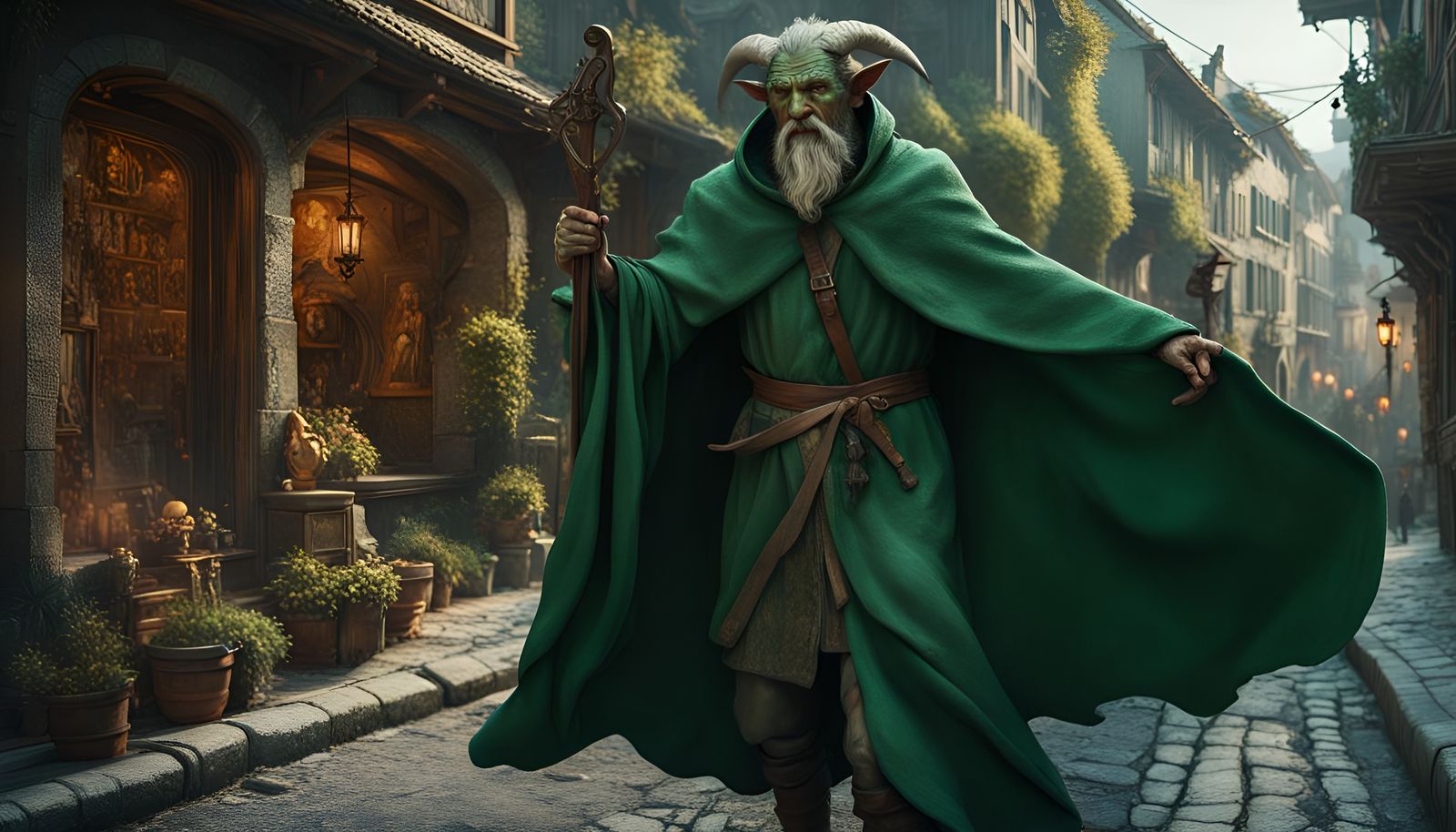 Wizard Satyr in Medieval Street, Van Gogh Style