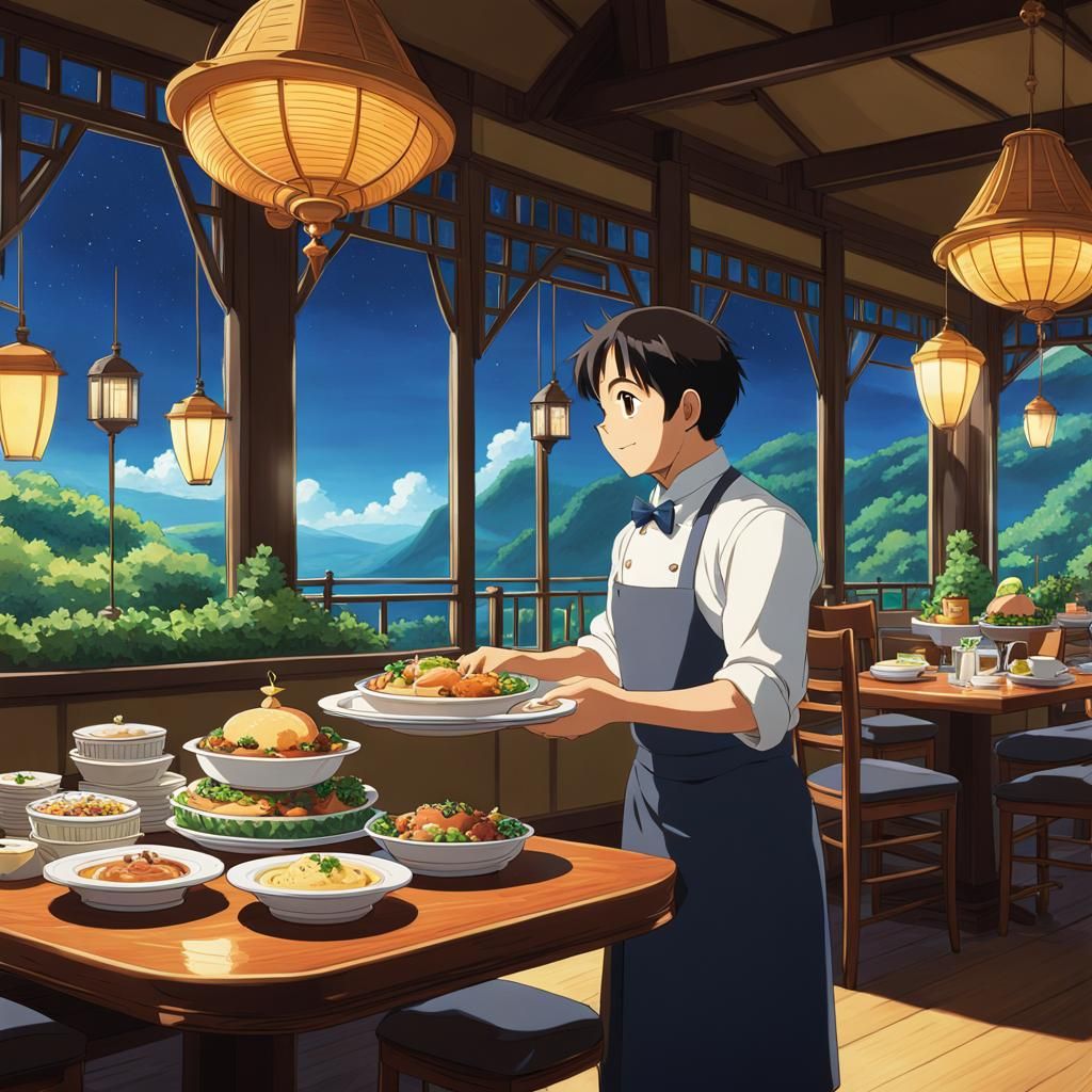 waiter, serving food, at fancy restaurant